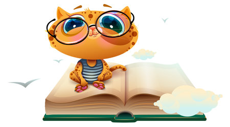Red cat with glasses sit open page book in clouds. Pet animal cute library reader. Vector cartoon illustration isolated on whiteのイラスト素材