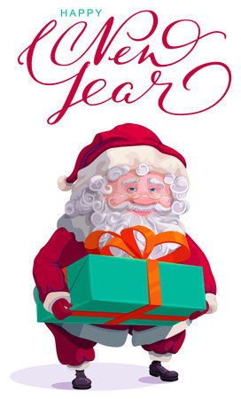 Santa hold christmas gift box. Happy New Year lettering text. Vector illustration isolated on whiteのイラスト素材