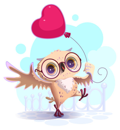 Owl hold red balloon shape heart valentine day. Vector cartoon illustrationのイラスト素材