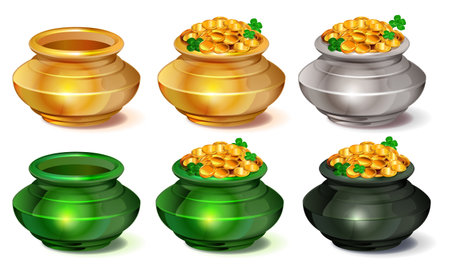 Set of empty and full pot of gold symbol holiday patrick day. Vector cartoon illustration isolated on whiteのイラスト素材