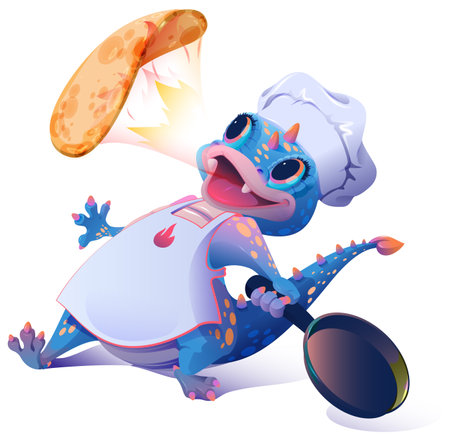 Cute blue dragon chef cooking pancakes fiery breath. Maslenitsa carnival Shrovetide holiday. Vector cartoon illustration isolated on whiteのイラスト素材