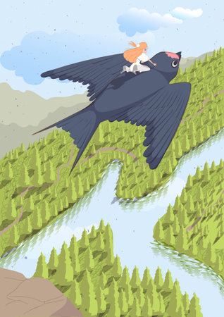Thumbelina fairy tale little girl flying on back of swallow. Vector cartoon illustration for bookのイラスト素材