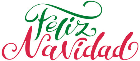 Feliz navidad ornate lettering text merry christmas translation spanish. Vector illustration isolated on whiteのイラスト素材