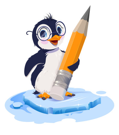 Bird penguin teacher with glasses holding big pencil. Vector cartoon illustration isolated on whiteのイラスト素材