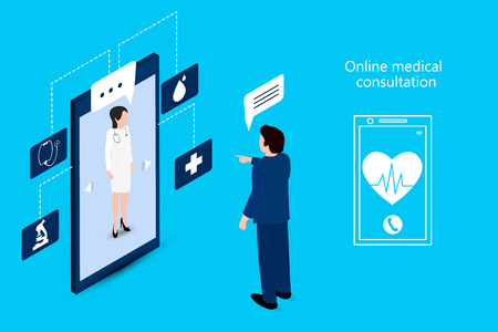 Man using a phone to meet with a doctor. Digital health concepts. Medical care online. Vector isometryのイラスト素材