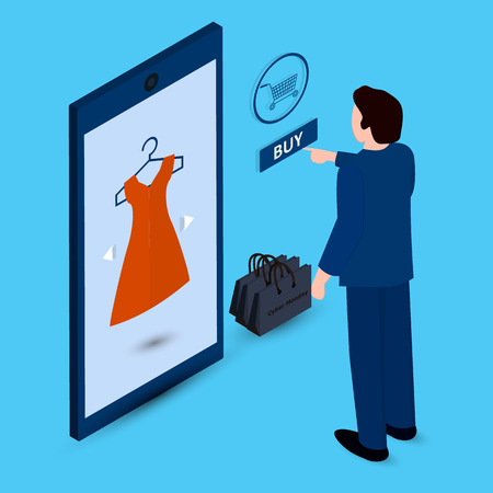 online shopping concept.  Man buys a gift to a woman. Vector flat illustrationのイラスト素材