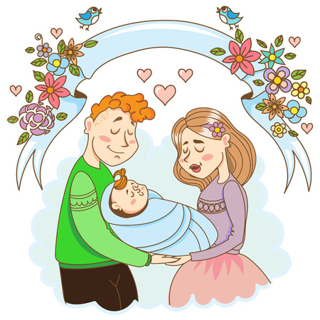 Illustration of happy family. Mother, father and babyのイラスト素材