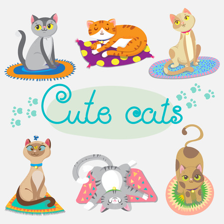 Set  of cute cat on rugs. Vector illustrationのイラスト素材