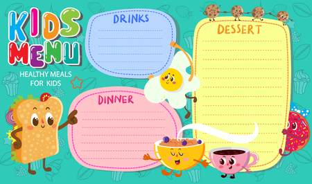 vector template. Funny and cute colorful kids menu with funny foodのイラスト素材