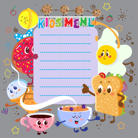 vector template. Funny and cute colorful kids menu with funny foodのイラスト素材