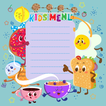 vector template. Funny and cute colorful kids menu with funny foodのイラスト素材