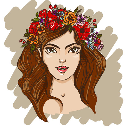 Vector illustration. Pretty girl with wreath of flowers. portrait of a girlのイラスト素材