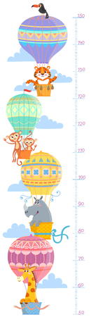 Kids height meter with animal. wall sticker. Tiger, monkey, rhinoceros and giraffeのイラスト素材