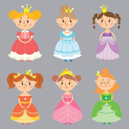 Collection of beautiful princesses. Set of pretty lady. Vector illustrationのイラスト素材