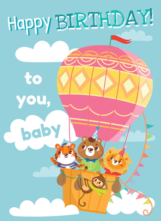 Birthday greeting cards with cute animals. Funny animals on hot air balloon. Vector illustration.