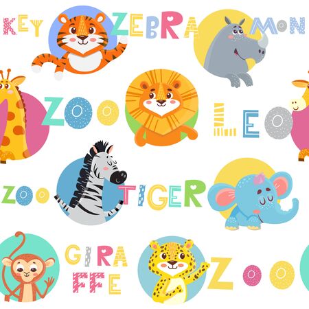 Seamless pattern with cute wild animal. Zoo. Vector colorful illustrationのイラスト素材