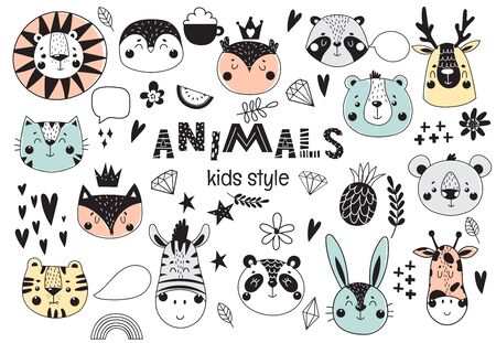 Collection of cute kids animals with funny decorative elements. Scandinavian style. Vector illustrationのイラスト素材