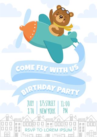 Kids birthday invitation with funny bear. Cute animal flying in sky. Airplane party. Card Template. Vector illustrationのイラスト素材