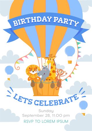 Kids birthday invitation with funny hot air balloon. Cute animal flying in sky. Greeting Card Template. Vector illustrationのイラスト素材