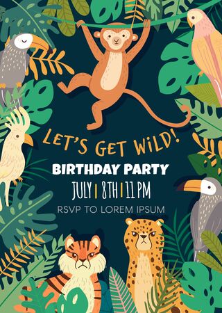 Birthday invitation with with tropical animals and bird in jungle. Exotic animals, birds, plants. Monkey, leopard, tiger, parrot, toucan. Greeting card Template Vector illustrationのイラスト素材