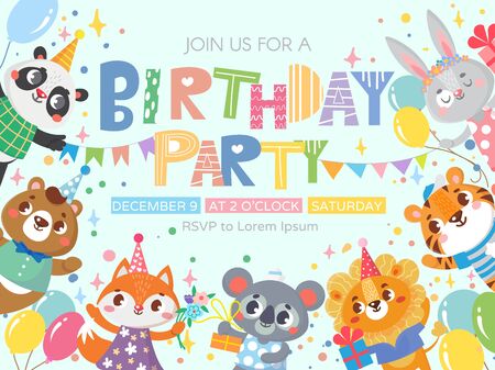 Kids invitation with cute animals. Birthday party. Greeting card template. Vector illustrationのイラスト素材