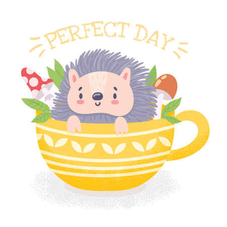 Cute hedgehog in ornamental cup on white background. Perfect day. Funny animal in mug. Kids print. Cartoon vector illustrationのイラスト素材