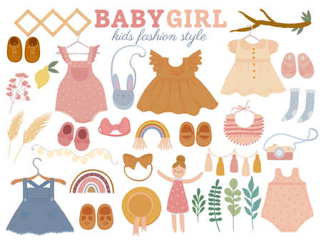 Set with baby trendy clothes, accessories and toys on white background. Girl kids fashion elements. Casual child wardrobe on hanger. Cartoon vector illustration.のイラスト素材