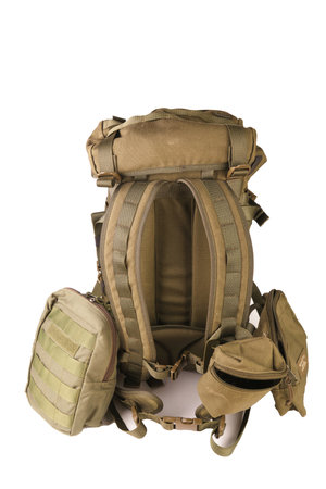 tactical military olive survival backpack war with molle system cut out on white background and handbagsの写真素材