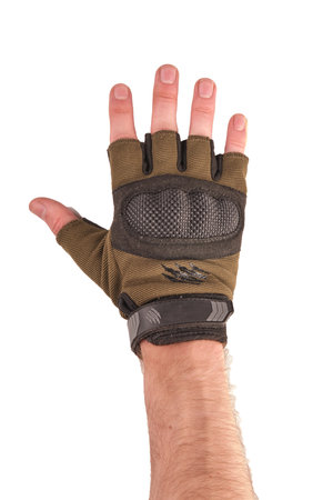 tactical military glove without fingers olive for hand protection. Dressed on the armの写真素材