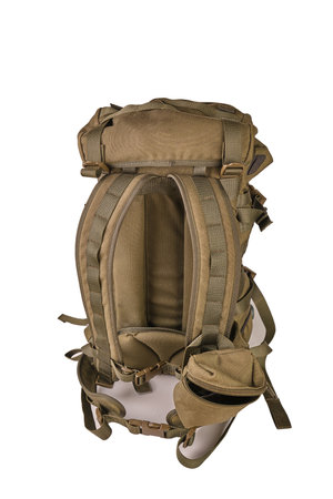 tactical military olive survival backpack war with molle system cut out on white background and pouchの写真素材