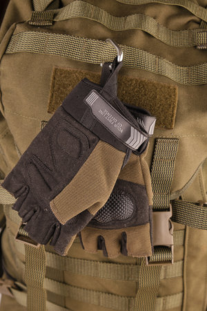 gloves tactical military fingerless on tactical military green olive backpack with molle system