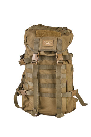 tactical military olive survival backpack war with molle system cut out on white backgroundの写真素材