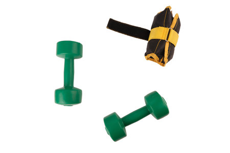 Dumbbells green isolate, leg weights black and yellow, fitness, sport, exerciseの写真素材