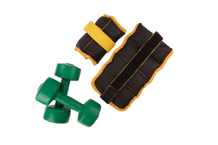Dumbbells green isolate, leg weights black and yellow, fitness, sport, exerciseの写真素材