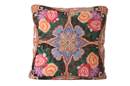 decorative pillow with rose embroidery, isolate, handmade, natural with feathersの写真素材