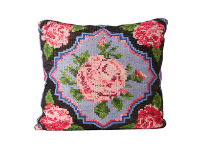 decorative pillow with rose embroidery, isolate, handmade, natural with feathersの写真素材