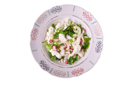 Vegetable salad from the garden. Watercress salad and white and red radish cut in a plate with colorful ornament, white cheese and sour cream, isolate, fresh, natural, top viewの写真素材