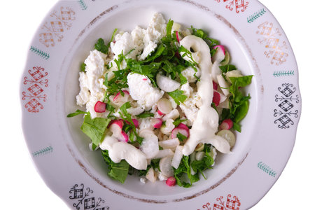 Vegetable salad from the garden. Watercress salad and white and red radish cut in a plate with colorful ornament, white cheese and sour cream, isolate, fresh, natural, top viewの写真素材