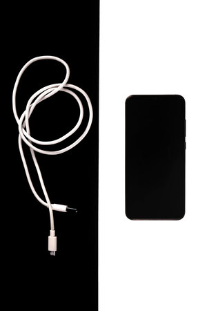 usb cables micro, white isolated, the smartphone is blackの写真素材