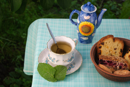 mint tea in nature in a mug, mint leaves, cookies and a cupcake in a plate, a sugar bowl, flowers in a vaseの写真素材