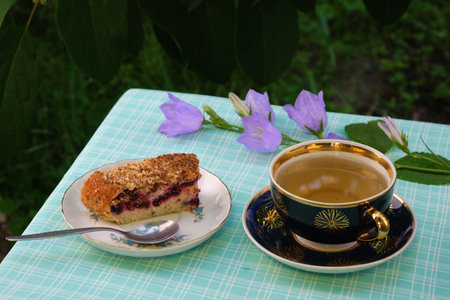 mint tea outdoors in a mug, cake in a plate, flowersの写真素材
