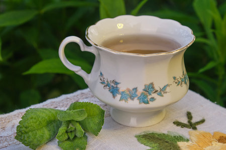 mint tea outdoors in a mug, mint leaves, flowersの写真素材