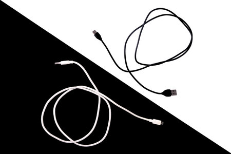 usb cables type c isolated, black and whiteの写真素材