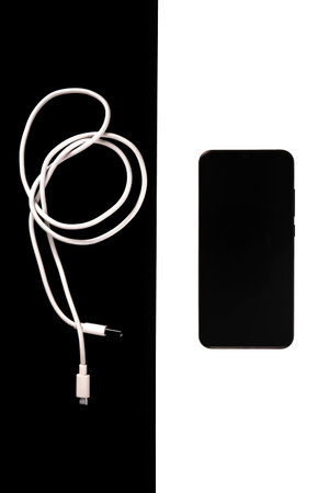 usb cables micro, white isolated, the smartphone is blackの写真素材