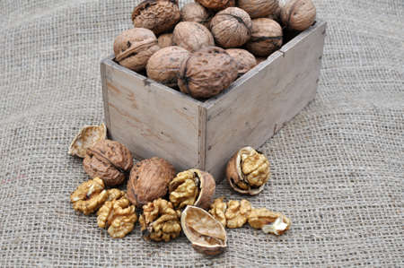 Still life with walnuts in a wooden box and on a sacking