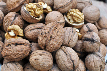 Harvested ripe walnuts are in a pileの写真素材