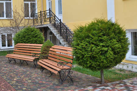 Fragments of modern design from landscaping in the garden, park, square, recreation areaの写真素材