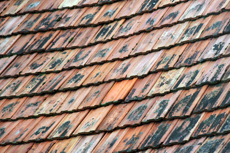 The roof of the house is covered with old red ceramic tilesの写真素材