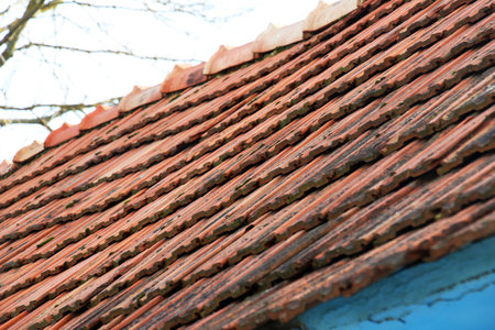 The roof of the house is covered with old red ceramic tilesの写真素材