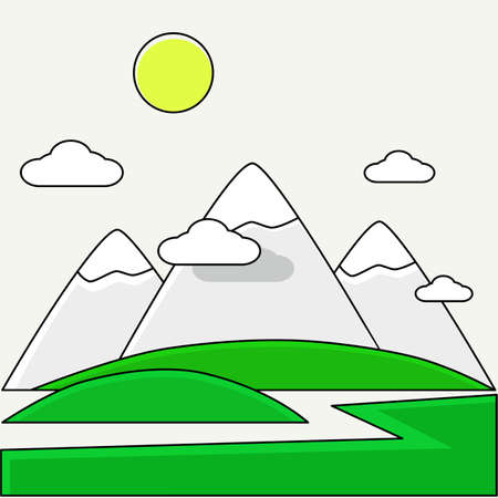 Illustration of sunny day landscape in flat style with path, meadow, mountains, forest, clouds, and sun. Background for summer camp, nature trip, camping, or hiking design concept.のイラスト素材